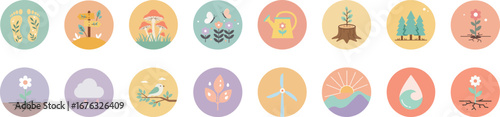 Set of 16 nature-themed circular icons with vibrant colors