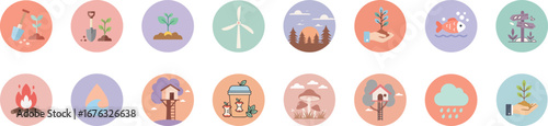 16 round badge icons of environmental and nature themes in pastel palette