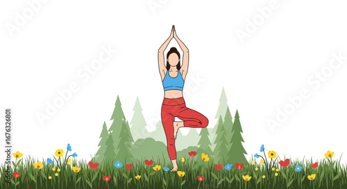 A woman in tree pose yoga amidst nature scenery illustration design