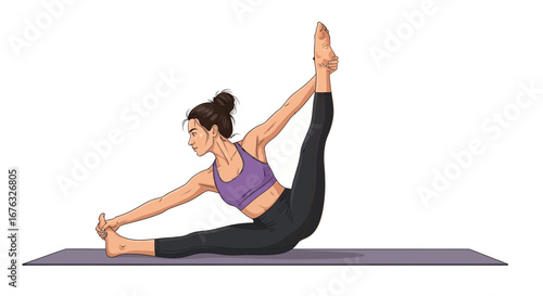 A young woman gracefully performs the Extended Hand-to-Big-Toe Pose yoga