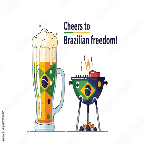 A tall glass of beer decorated with the Brazilian flag, next to a barbecue grill with a steak cooking, celebrating Brazilian freedom.