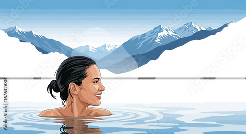 A woman enjoying a thermal bath with snowy mountains as background design