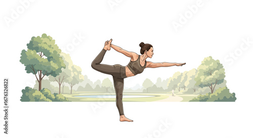 Artistic Depiction of a Woman Performing Yoga in a Serene Park Setting