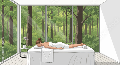 Cartoon depiction of woman receiving spa treatment overlooking forest