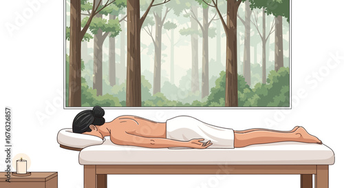 Cartoon Illustration of a Woman Relaxing on a Spa Bed with Forest View