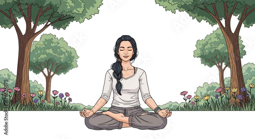 Female figure in meditative lotus pose with serene nature backdrop illustration