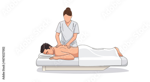 Man receiving back massage at wellness center with neutral background
