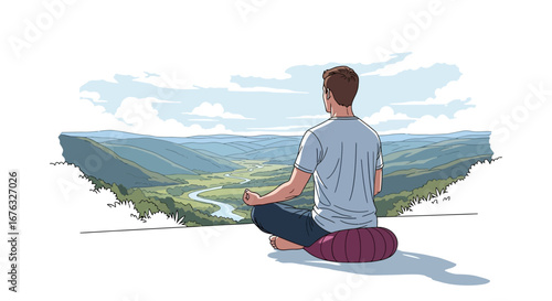Mindful meditation overlooking valley landscape, illustration of peacefulness