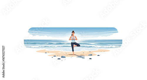 Meditative yoga session by serene coastline for health and wellness