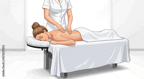 Professional masseuse providing massage to a relaxing woman in spa center