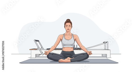 Pilates meditation vector illustration, woman in lotus pose on a mat at home