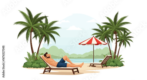 Relaxation at tropical beach with palm trees and turquoise sea