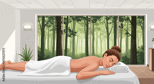 Relaxing vector illustration of woman in spa with forest view from window
