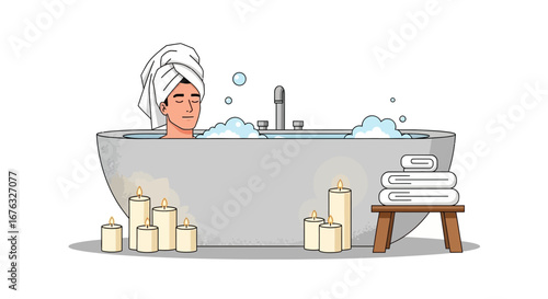Relaxing spa day illustration, with person in bubble bath and candles