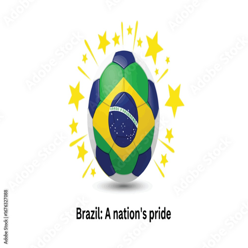 A vibrant illustration of a soccer ball adorned with the Brazilian flag design, surrounded by sparkling yellow stars, symbolizing national pride and celebration.