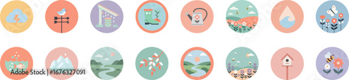 16 flat circular icons of nature and rural life motifs in pastel colors