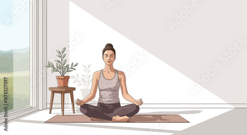 Serene indoor yoga session in a bright and minimalistic room setting