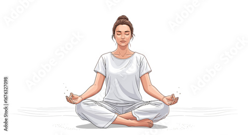 Serene cartoon woman in meditation pose finds inner peace and harmony