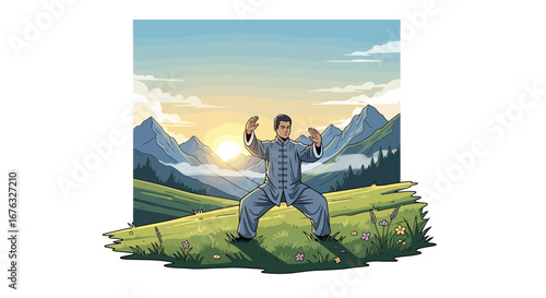 Tai Chi Master Exercising on a Meadow at Sunrise with Mountain Scenery
