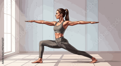 Toned woman practicing yoga warrior two pose in a bright studio space