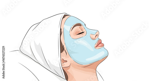 Sketched woman enjoying a rejuvenating spa treatment with a facial mask