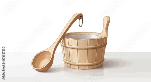 Traditional wooden sauna accessories isolated on white illustration