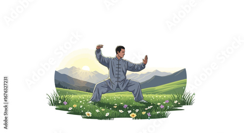 Tai Chi practice outdoors in spring landscape with a colorful meadow