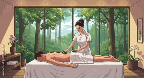 Tranquil stone massage with nature view in cartoon illustration style