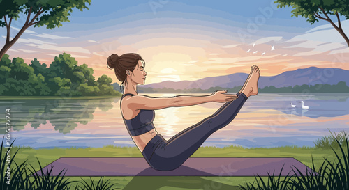Tranquil yoga practice by the lake at sunrise promoting wellness