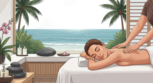 Woman receiving a back massage at a luxury tropical spa near ocean