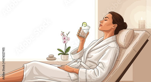 Woman Relaxing in Spa with Cucumber Water and Orchid Ambiance