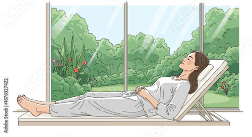 Woman relaxing on lounge chair looking at the garden view in a serene spa