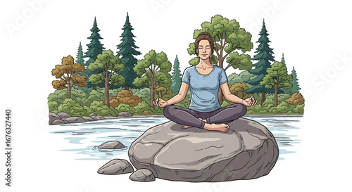 Young woman practicing yoga sitting in lotus pose on a rock by the river