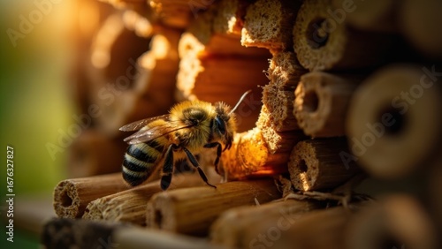 Honey bee entering bee hotel in warm sunlight