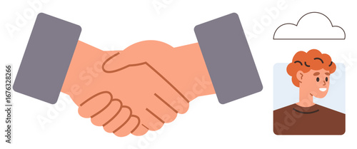 Two hands shaking, symbolizing agreement, trust, or partnership, with a smiling portrait and cloud icon nearby. Ideal for business, collaboration, networking, trust online connections teamwork