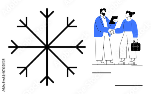 Large abstract snowflake beside business professionals shaking hands and holding documents. Ideal for teamwork, contracts, collaboration, negotiation, partnership, winter-themed projects, simple flat