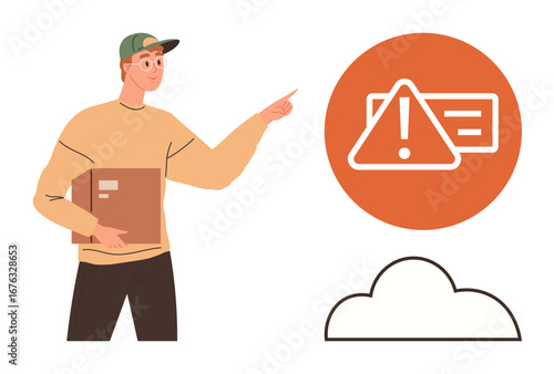 Delivery person holding a box and pointing at triangular alert over cloud icon, symbolizing order issues, cloud errors, or delayed delivery. Ideal for logistics, technology, alerts, data