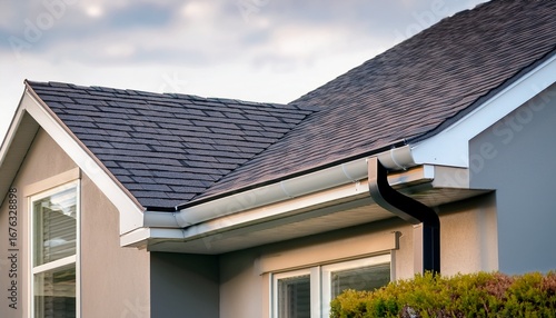 close up of a modern house s dark gray rain gutter system showing downspout and roofline
