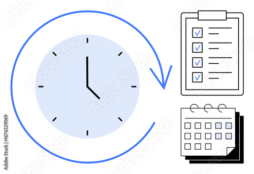Clock with arrow symbolizing time, checklist for task tracking, and a calendar for schedule organization. Ideal for productivity, planning, deadlines, efficiency, goals routines organization. A