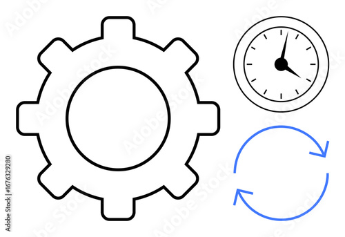 Gear symbol for process, clock for time tracking, arrows for cycle continuity. Ideal for productivity, efficiency, scheduling, strategic planning, automation progression teamwork. Simple flat