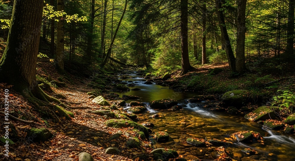 Obraz premium Sunlit Forest Stream with Mossy Rocks and Autumn Leaves