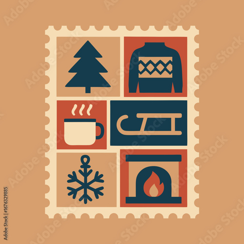 Cozy winter holiday stamp illustration with Christmas tree, sweater, sled, hot drink, snowflake, and fireplace.