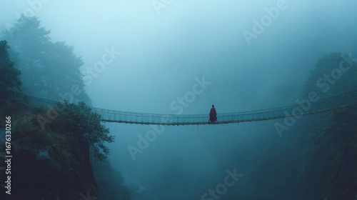 A solitary figure crosses a misty suspension bridge, bathed in the ethereal hues of a foggy mountain landscape.