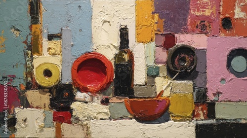A vibrant still life composition, showcasing bold colors and textured forms, arranged in a fragmented, abstract style.