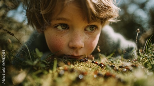 A young boy, face close to the ground, intently observes a colony of ants amidst natural foliage.