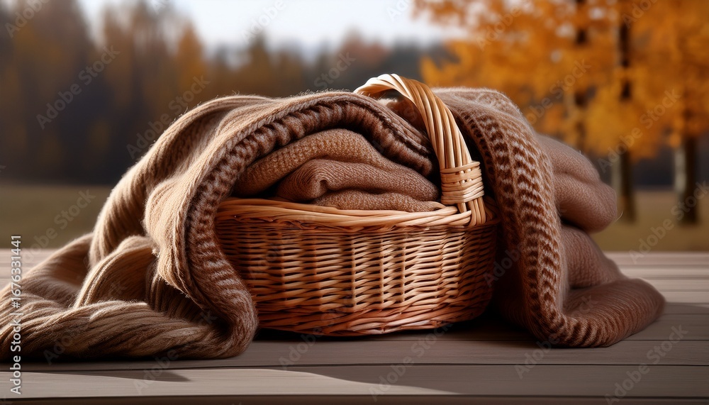 Obraz premium wicker basket with warm woolen blanket