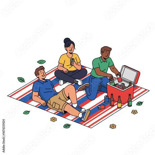 Three people enjoying a picnic on a blanket.