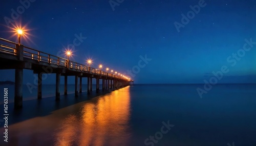 Romantic pier lights illuminate a calm ocean at night Stars twinkle in the dark sky above  reflecting on the water Perfect for travel  coastal  and vacation themes   beautiful  pier lights  serene