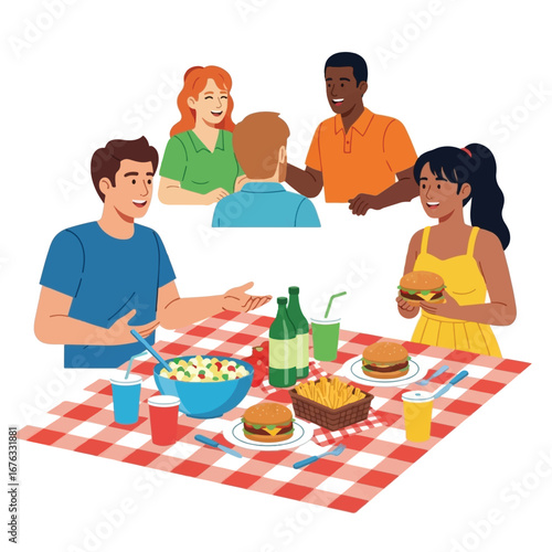A diverse group of friends enjoying a picnic lunch with burgers, fries, and salad on a checkered blanket.