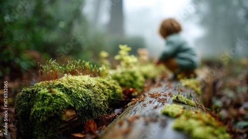 A child sits amidst mossy forest debris, lost in the soft natural world.